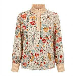 NEW Cherry‎ Betty Floral Paisley Henley Shirt Cream Large Long Sleeve